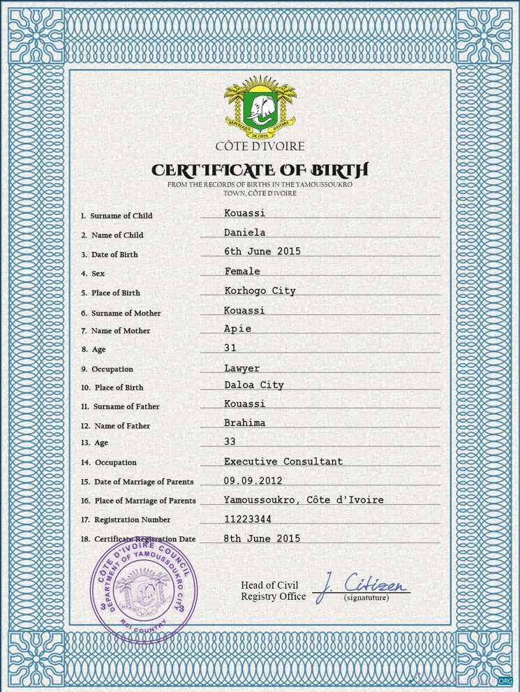 Download Côte d’Ivoire vital record birth certificate PSD template Photoshop template